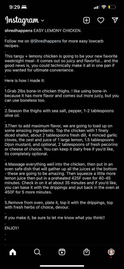 screenshot of easy lemony chicken recipe on instagram by @shredhappens