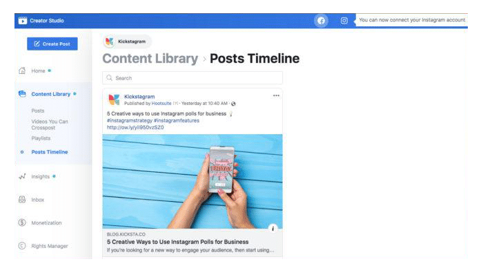 creater studio content library and post timeline