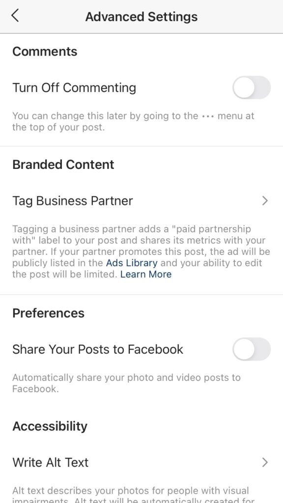 advanced Instagram settings for business