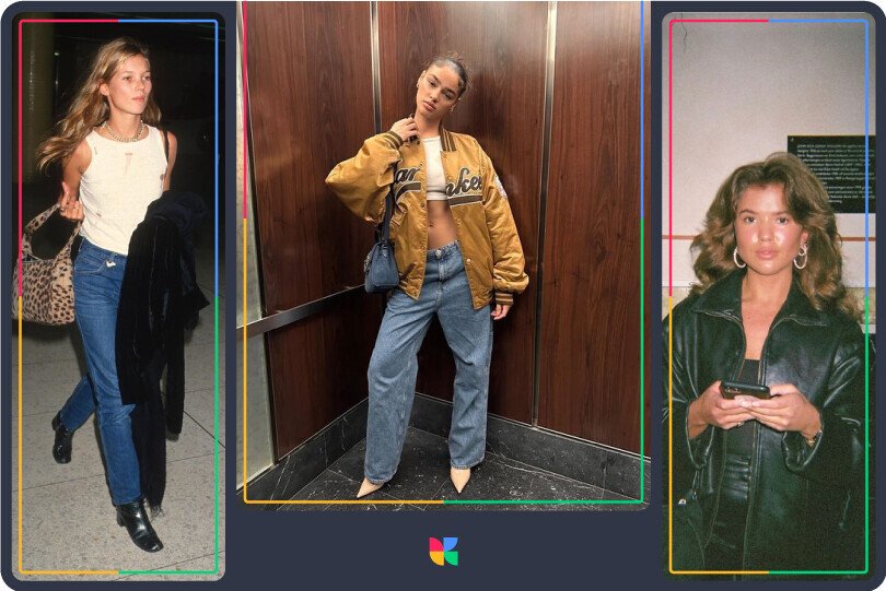 A collage of three women wearing casual outfits, including jeans, a varsity jacket, and a leather jacket, showcasing street-style fashion
