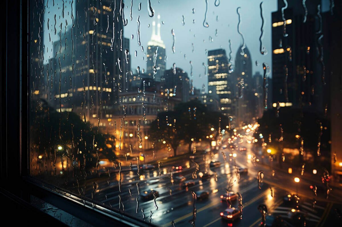 View of a rainy cityscape with blurred car lights reflecting on wet streets.