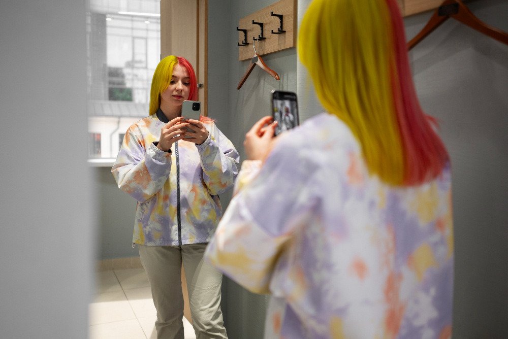 a girl taking a mirror selfie 