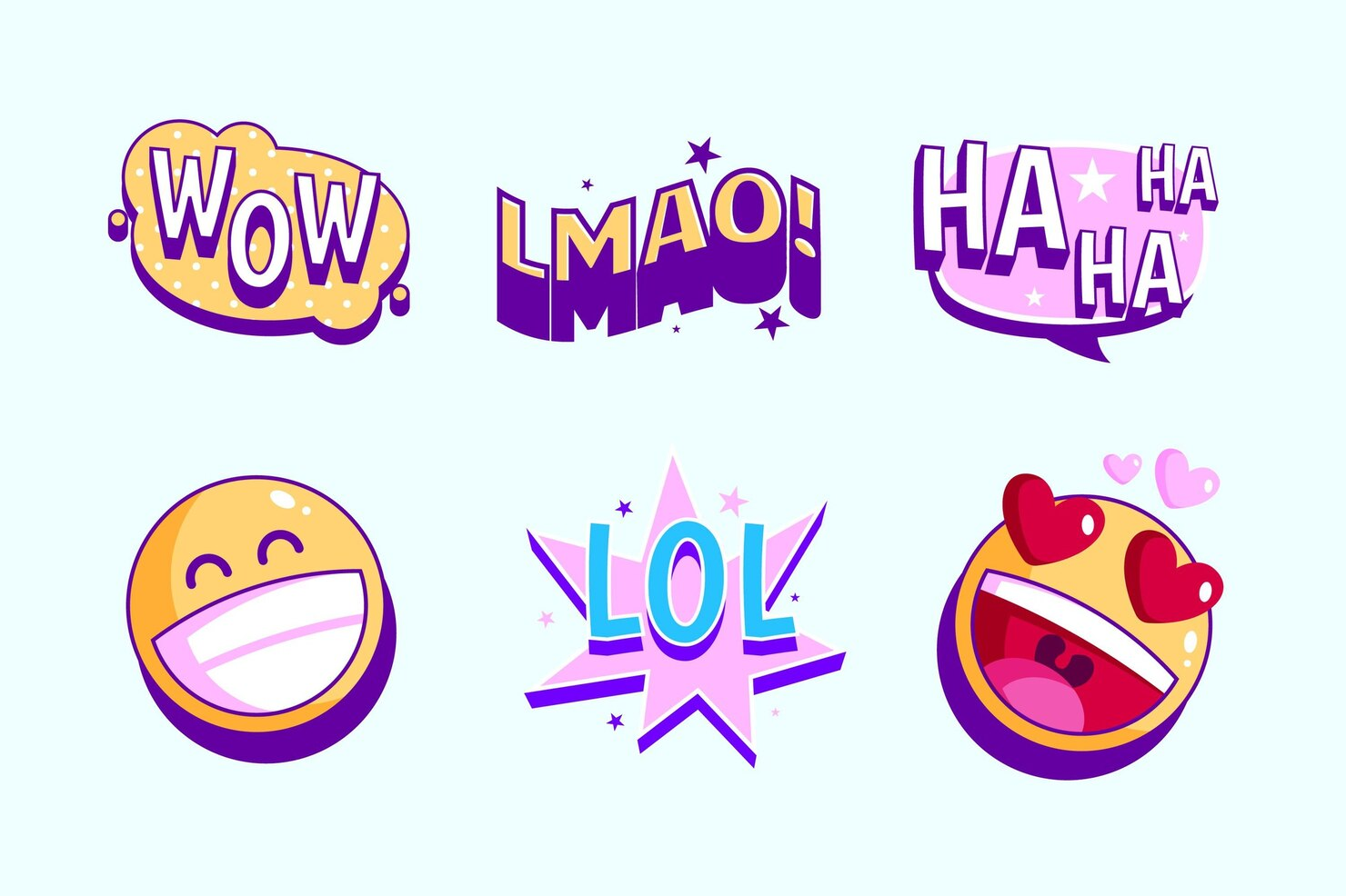 Reaction stickers, lol, lmao, wow, haha, and smiles
