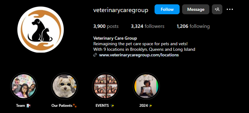 Veterinary Care Group Instagram highlight covers example
