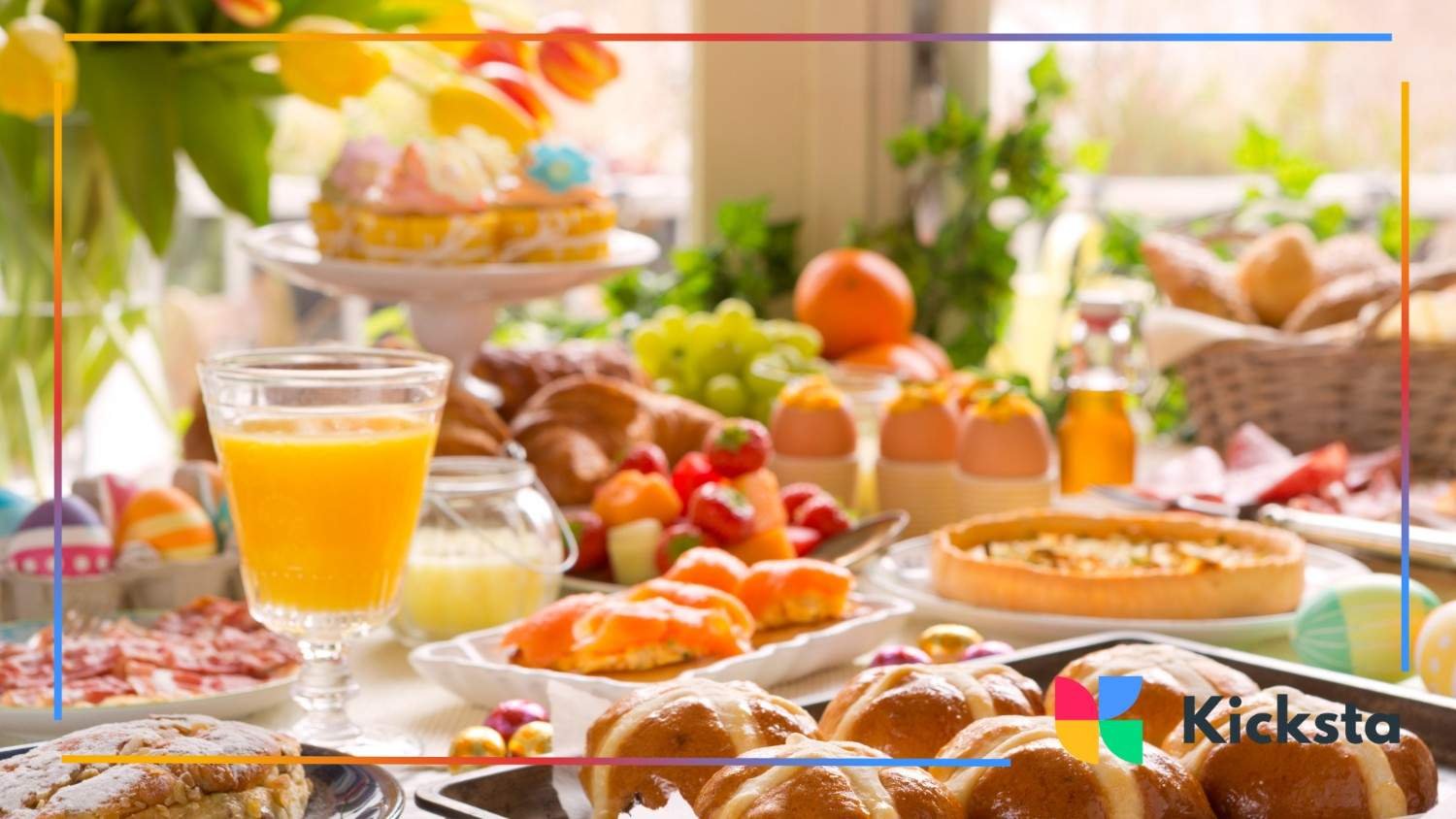 Brightly lit brunch table bursting with pastries, fruit, and fresh juice, radiating luxury and spring vibes