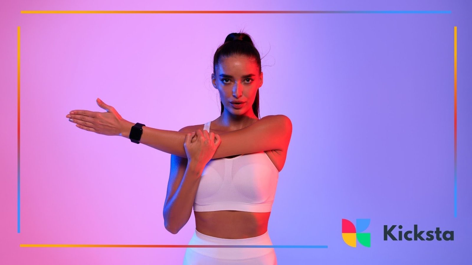 Fitness influencer stretching in sportswear under colorful neon lights, representing health, wellness, and active lifestyle content.