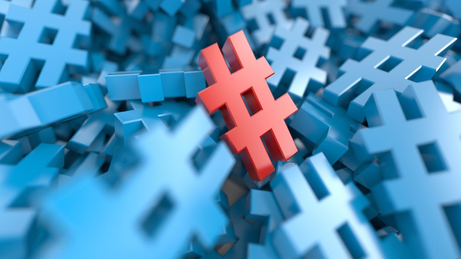 A red hashtag symbol standing out among a pattern of blue hashtags, symbolizing banned or restricted tags.