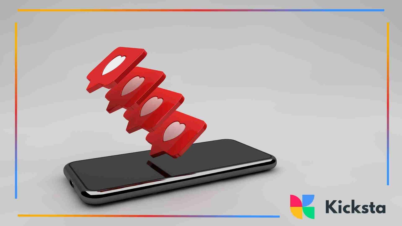 Illustration of multiple Instagram likes rising from a smartphone, symbolizing purchased likes.
