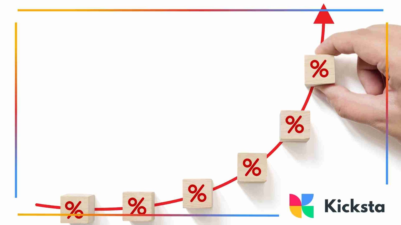 A hand places a wooden block with a red percentage symbol at the top of a rising curve made of percentage-marked blocks, representing increasing growth or statistics.