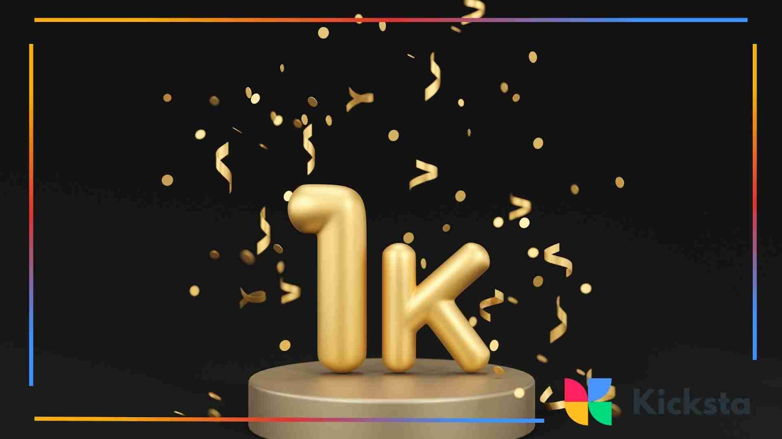 Golden 1k Instagram milestone celebration with confetti on black background.