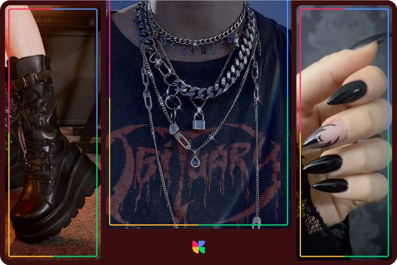 Close-up collage of gothic fashion including black boots, layered chains, and black nails.