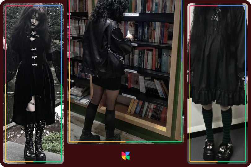 Collage of gothic outfits featuring black dresses, leather jacket, and platform shoes.