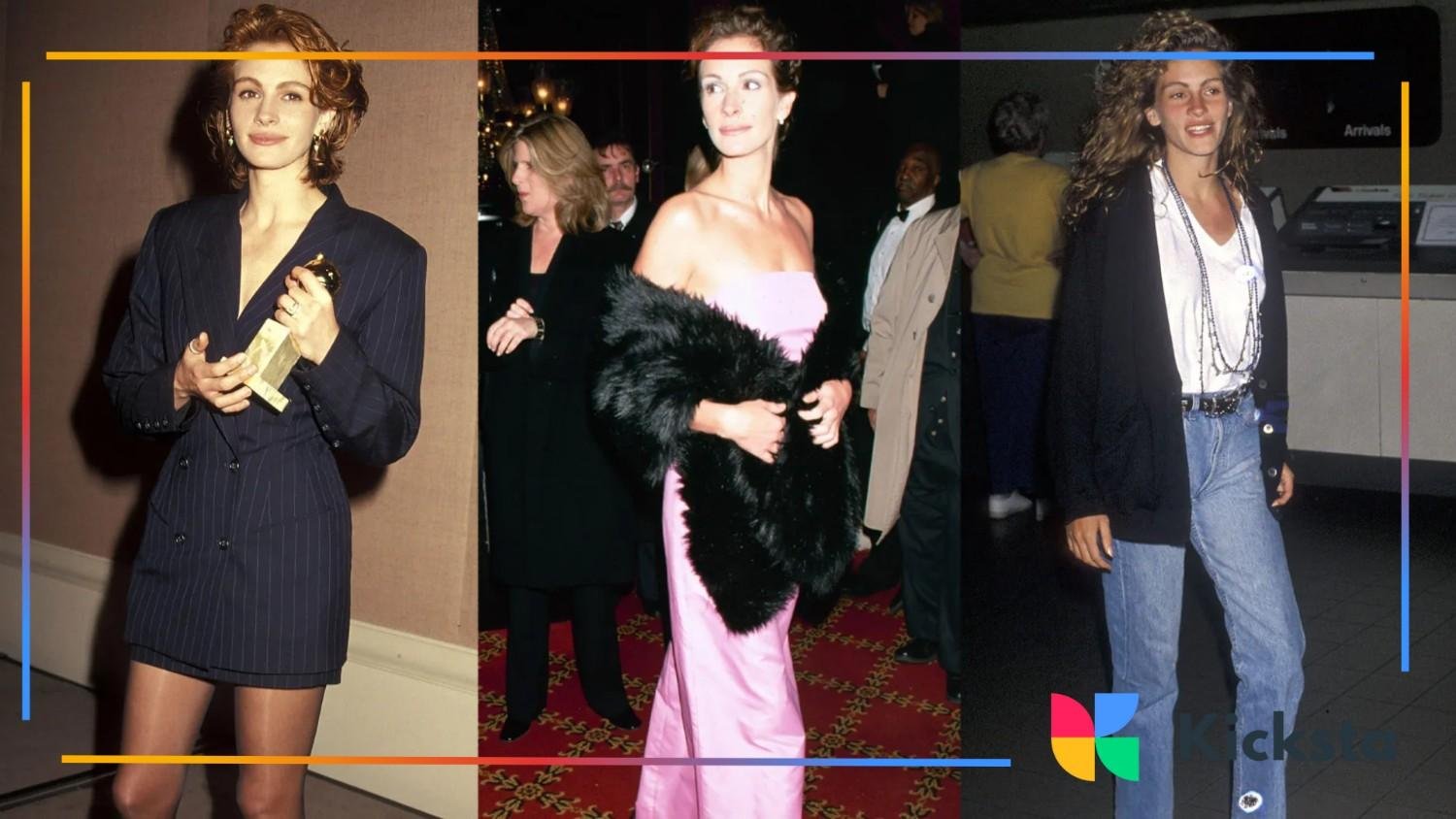 Three photos of Julia Roberts in the 90s wearing a pinstripe suit dress, a pink gown with a fur stole, and casual jeans with a cardigan