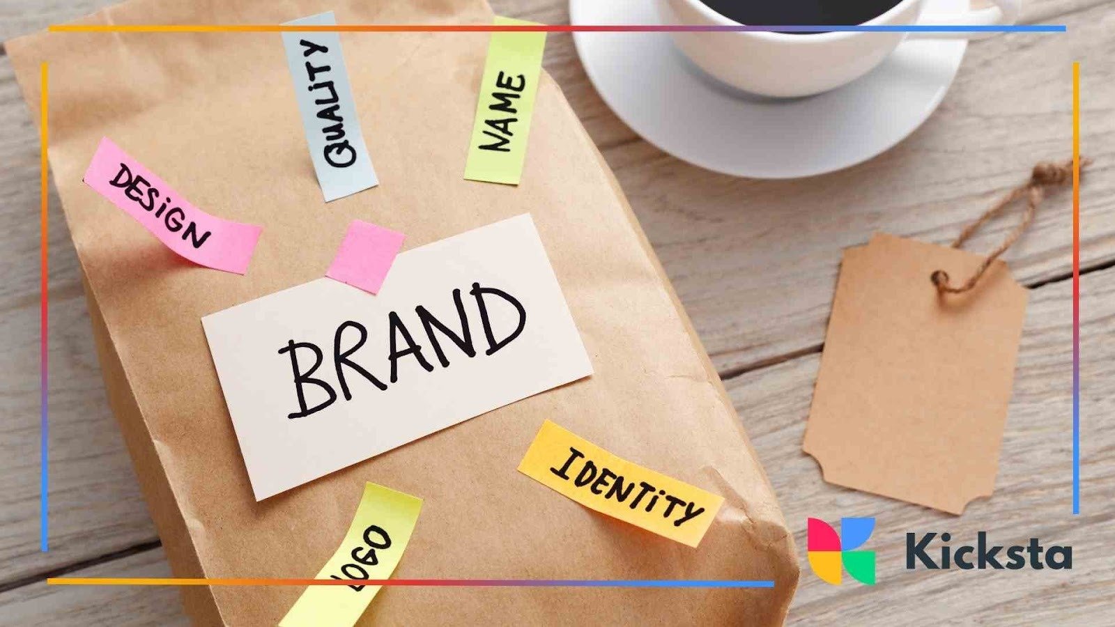 Brown paper bag with sticky notes labeled “Brand,” “Design,” “Quality,” “Logo,” and “Identity,” placed beside a cup of coffee on a wooden table, symbolizing brand development.