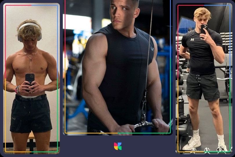 Collage of three men in a gym, one taking a mirror selfie shirtless, one performing a cable workout, and one posing in a mirror wearing a black workout shirt and shorts.