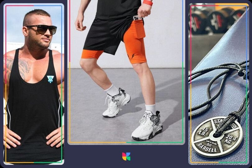 Fitness-themed collage showing a man in a black tank top, athletic shorts and sneakers, and a close-up of a barbell weight pendant on a cord.