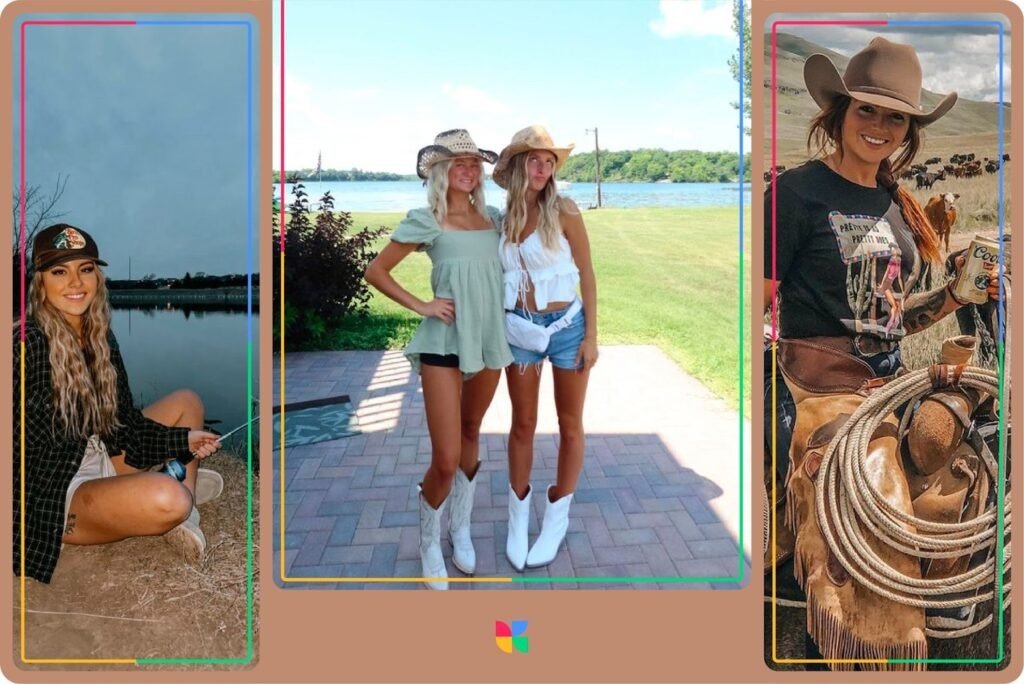 Collage of women in Western-style outfits, one sitting near a lake in a flannel shirt, two standing in summer clothes and cowboy boots, and one wearing a cowboy hat holding a rope beside horses.
