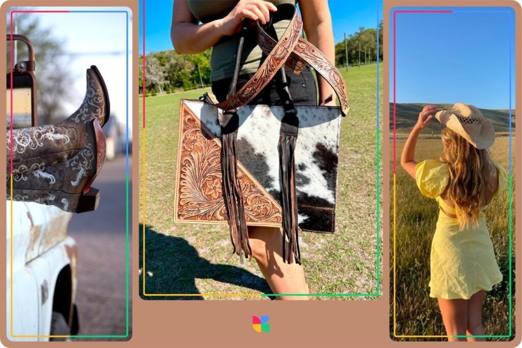 Collage showing Western-inspired fashion, detailed cowboy boots on a truck, a person holding a leather and cowhide tote bag, and a woman in a yellow dress and straw hat standing in a field.