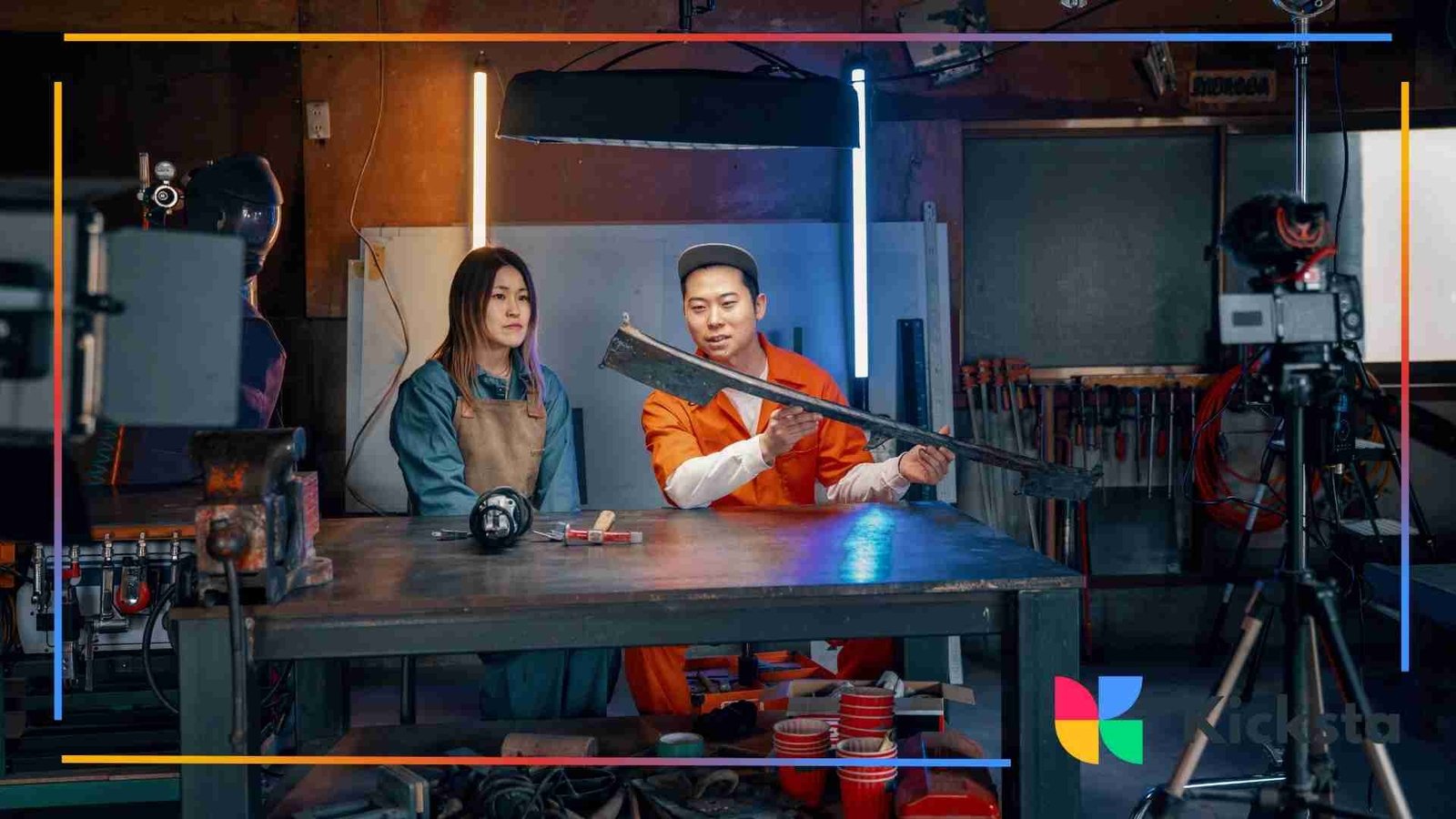 Two people filming a tutorial in a workshop with tools and lighting.