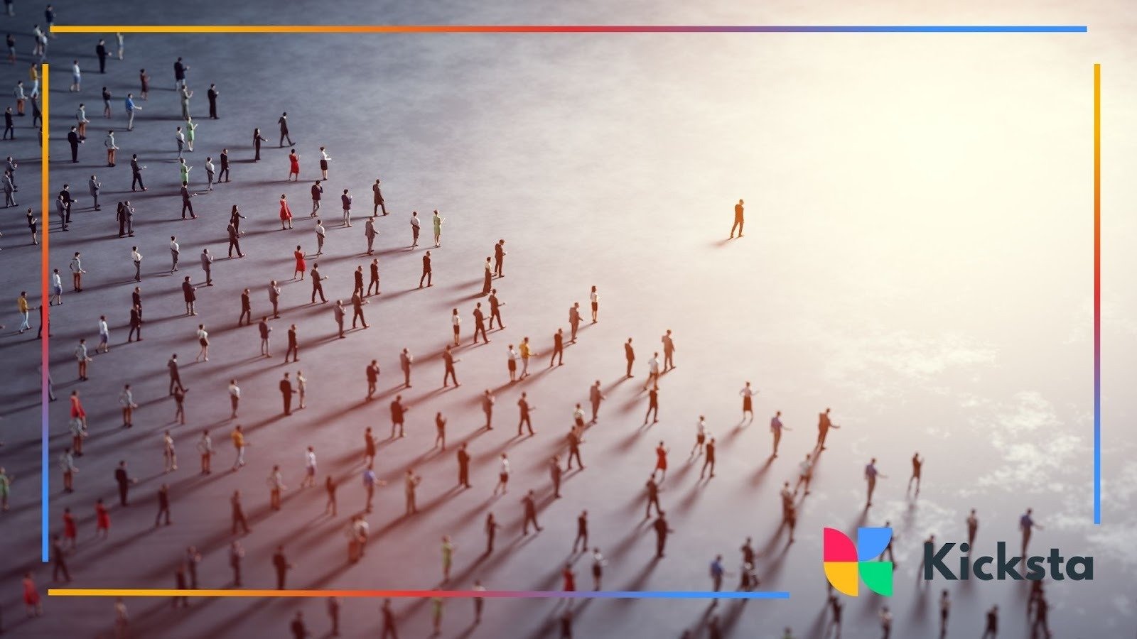 Leader standing apart from large crowd of people, symbolizing influence, personal branding, and thought leadership in social media.
