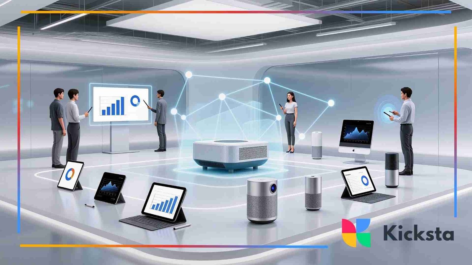 Team of professionals in a futuristic smart office using AI-driven devices, digital screens, and tablets to analyze data and connect through a network interface.