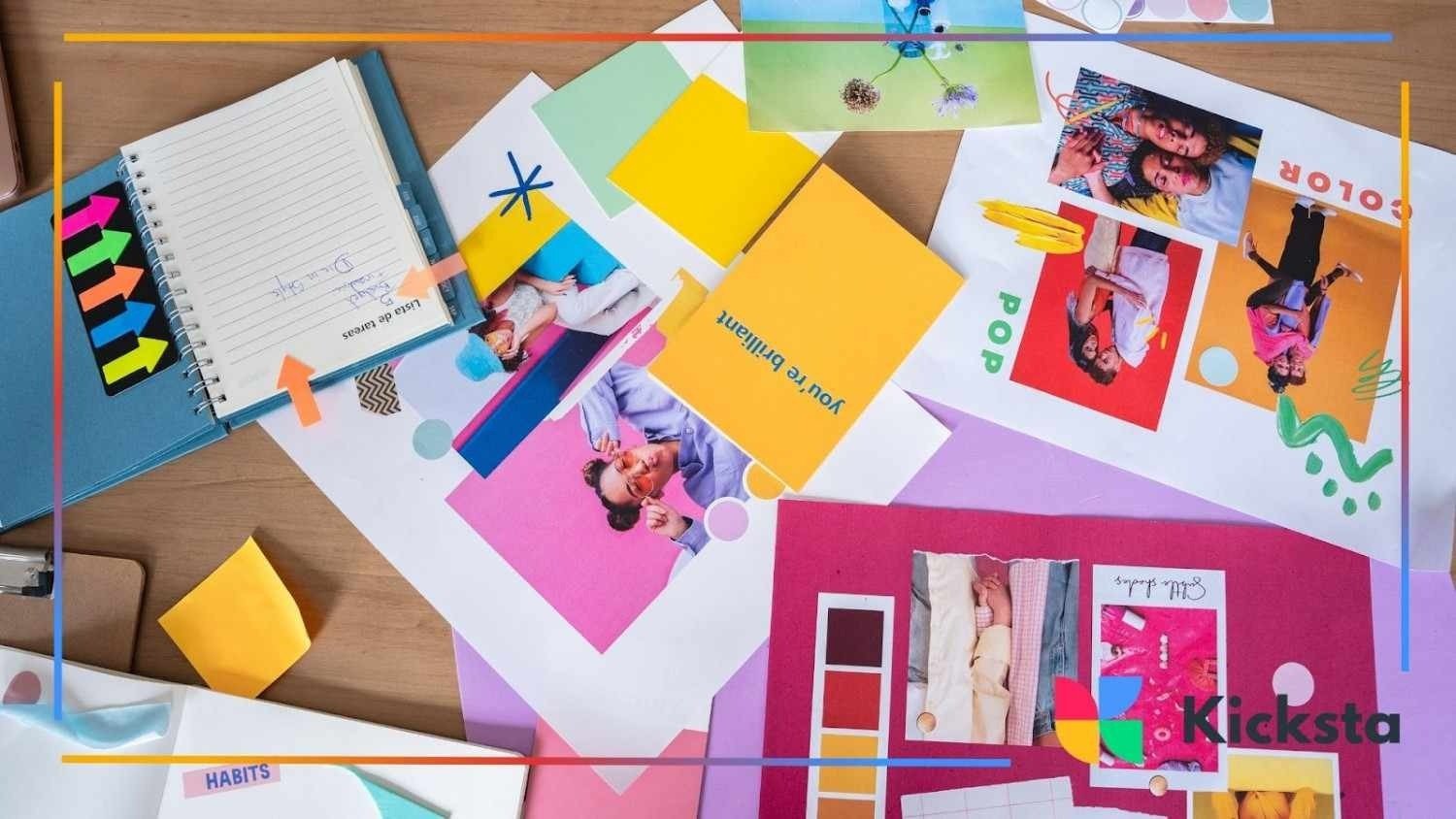Colorful creative workspace with notebooks, photos, sticky notes, and printed mood board designs spread across a desk.