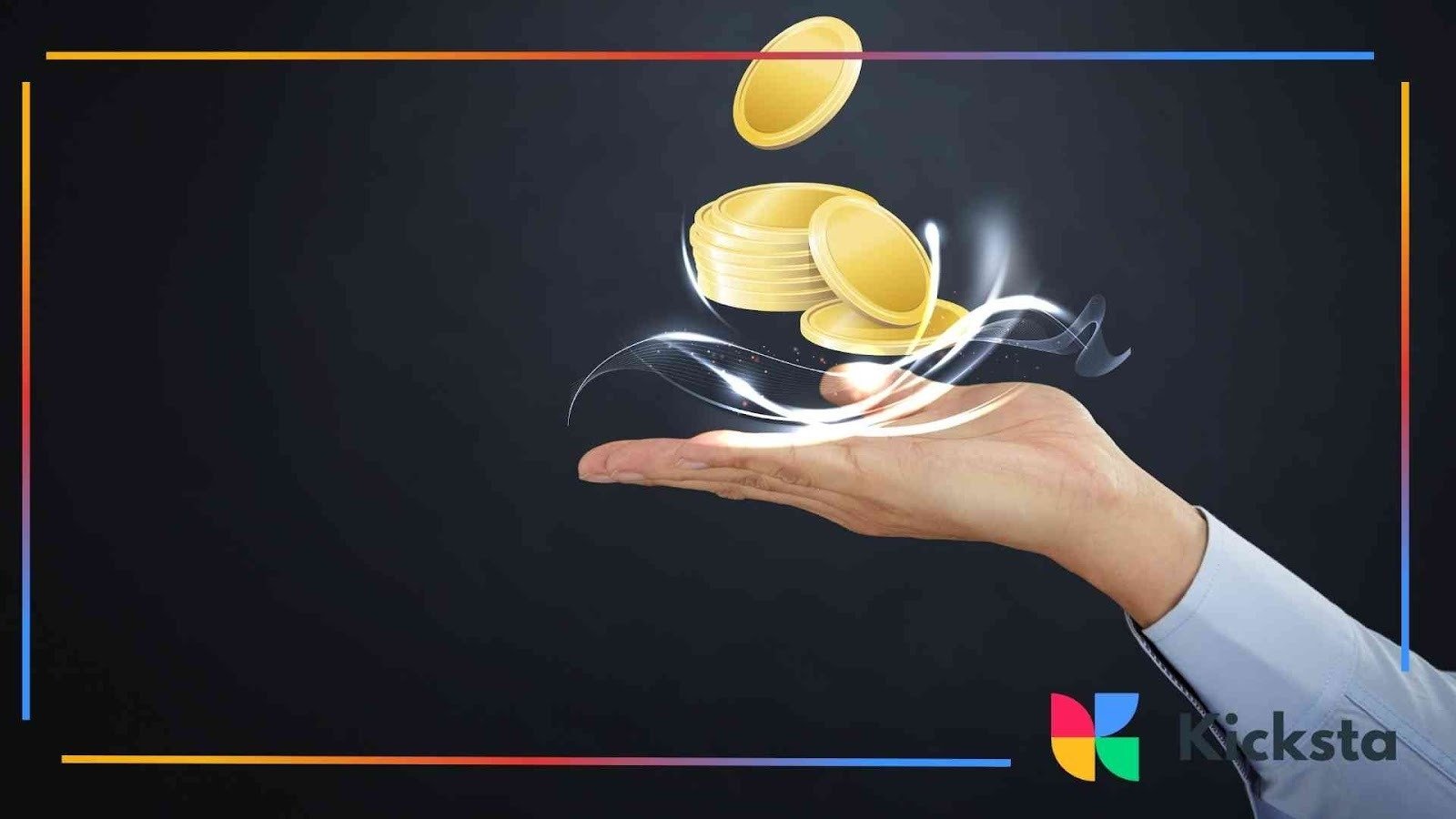 Hand extended with floating golden coins and light trails above it against a dark background, representing financial growth or investment.