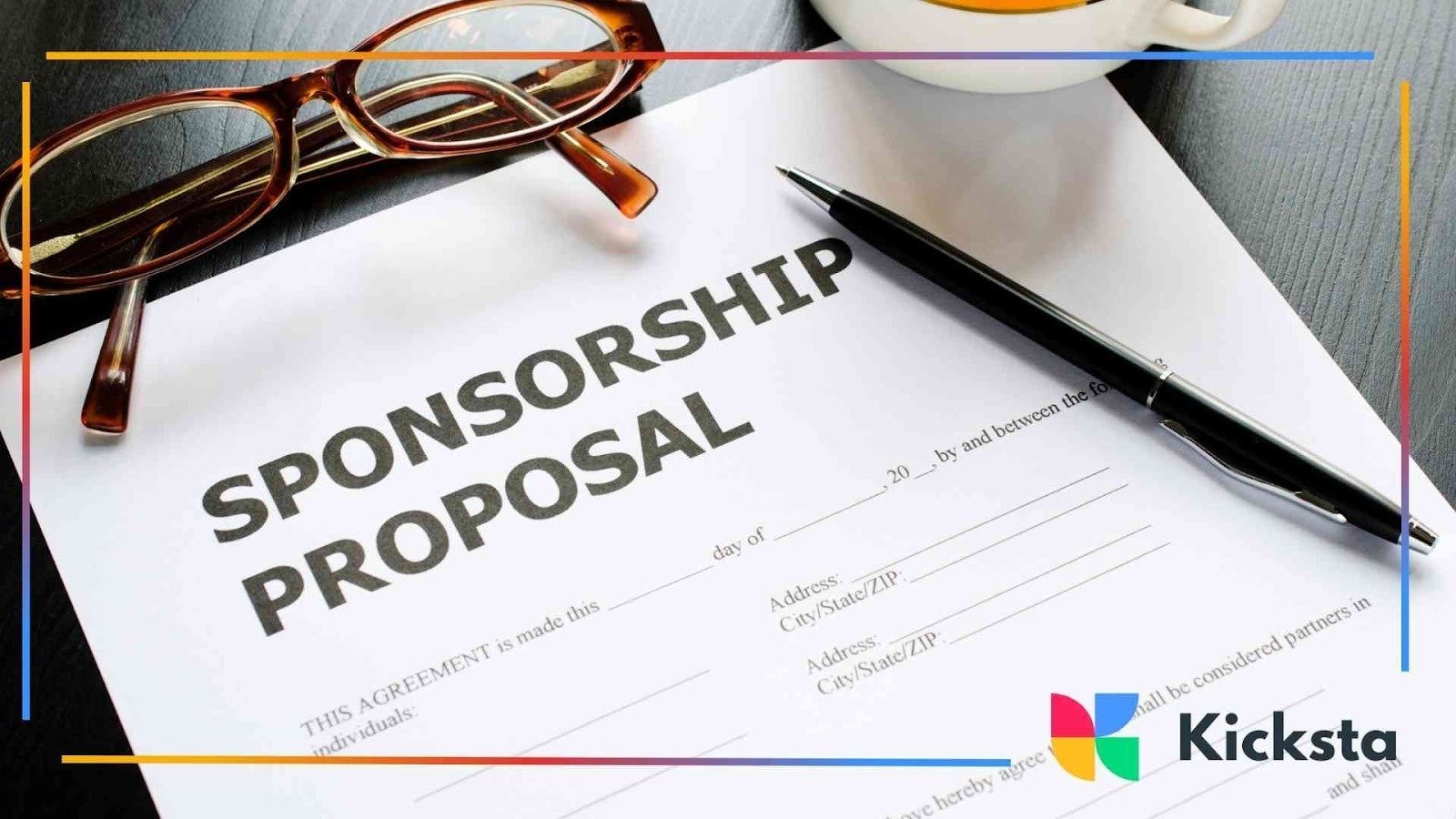 Document titled “Sponsorship Proposal” on a desk with a pen, glasses, and a cup of coffee nearby.