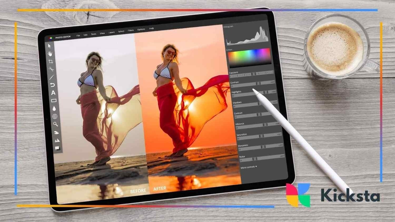 Tablet screen showing before-and-after photo editing of woman on the beach at sunset, symbolizing digital content creation, photography editing, and influencer branding.