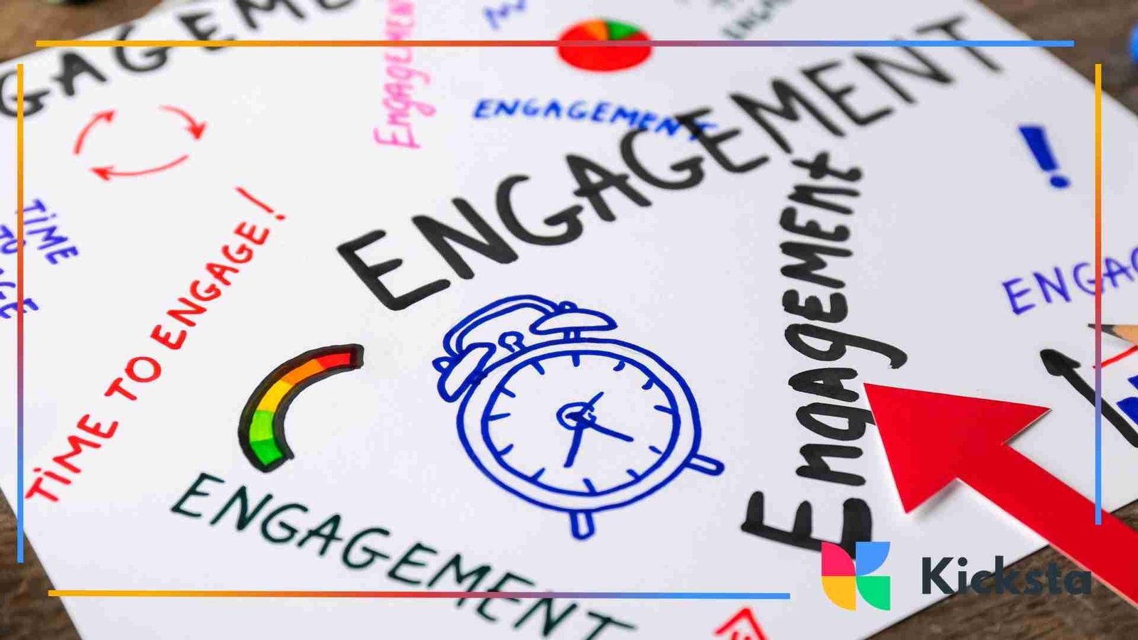 A creative hand-drawn engagement concept map featuring sketches, arrows, an alarm clock, and colorful labels emphasizing social media engagement.