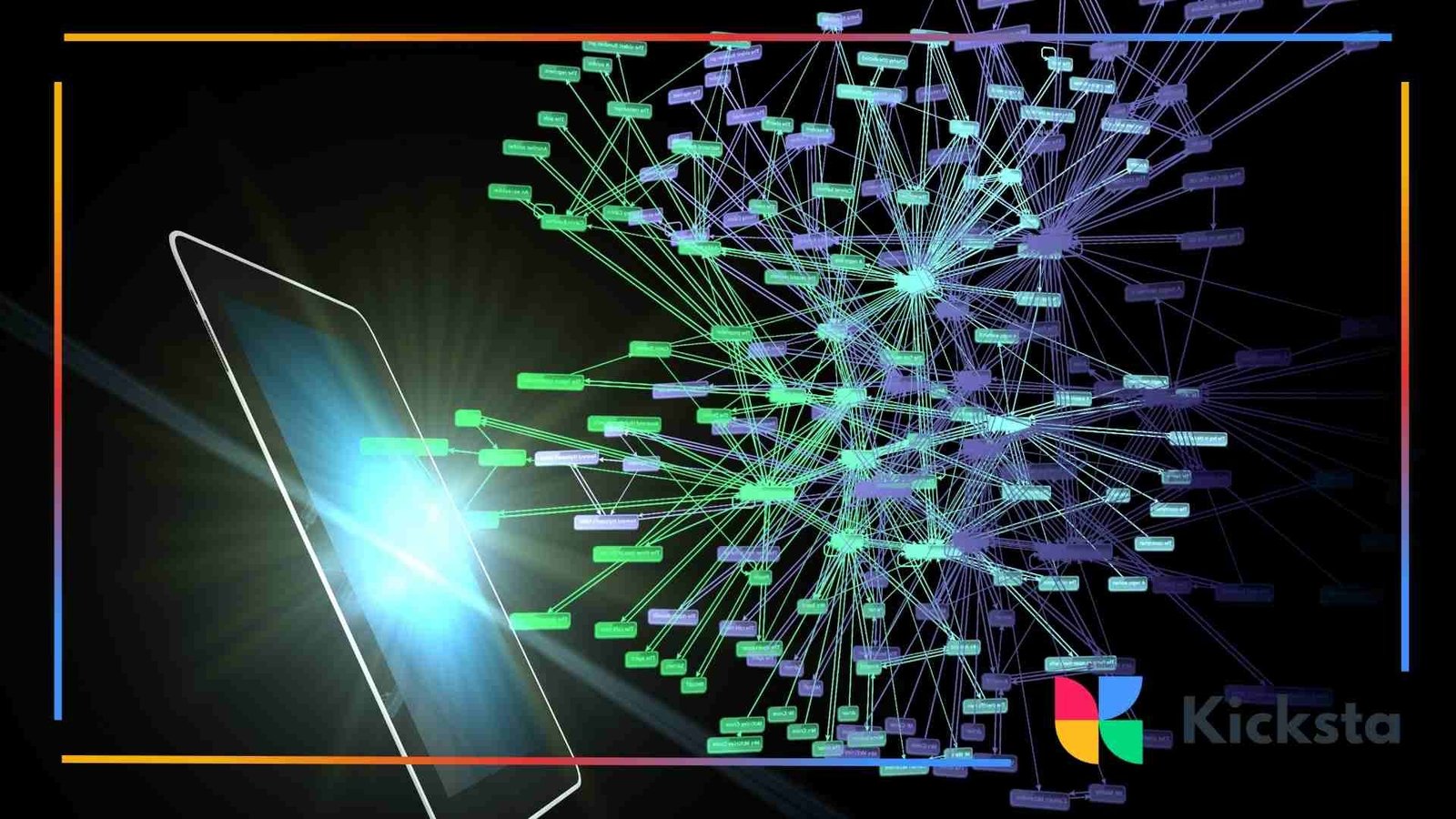 A glowing smartphone screen projecting a complex web of interconnected digital nodes on a dark background.