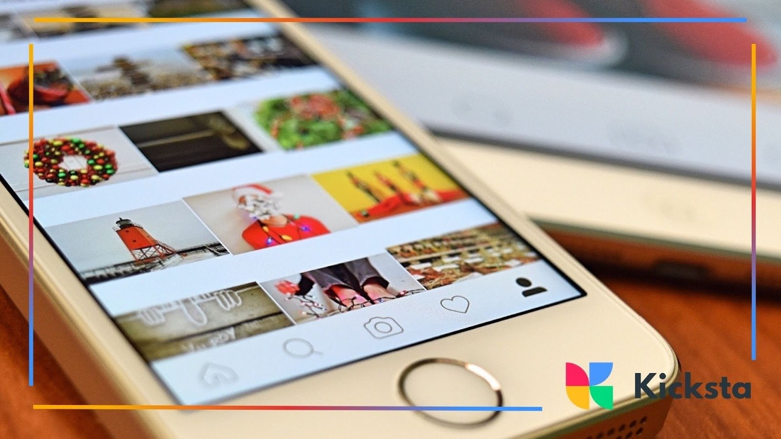 Close-up of a smartphone screen displaying an Instagram photo grid with colorful images and visible interface icons.