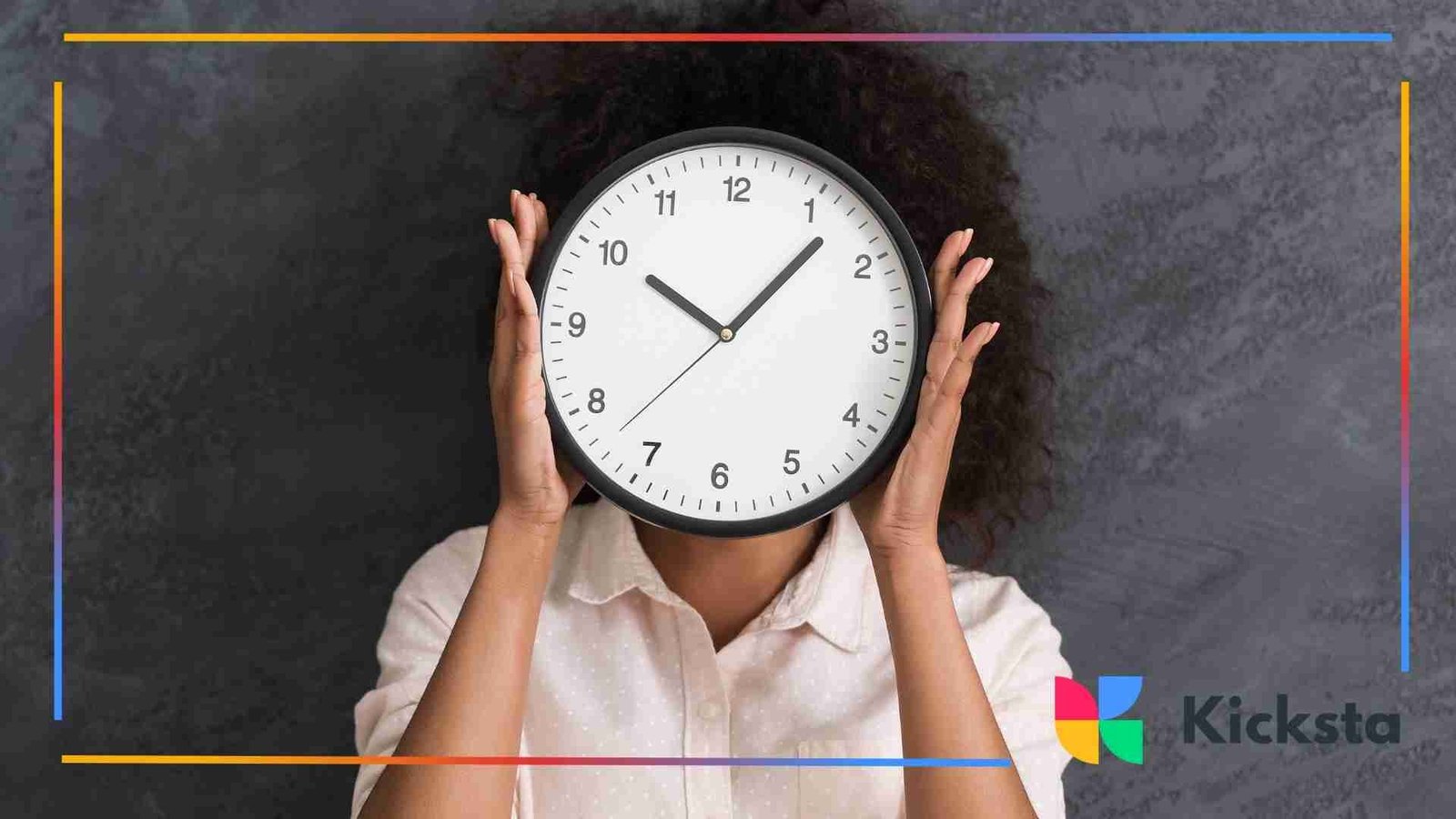 A woman holding a large wall clock in front of her face against a dark textured background.