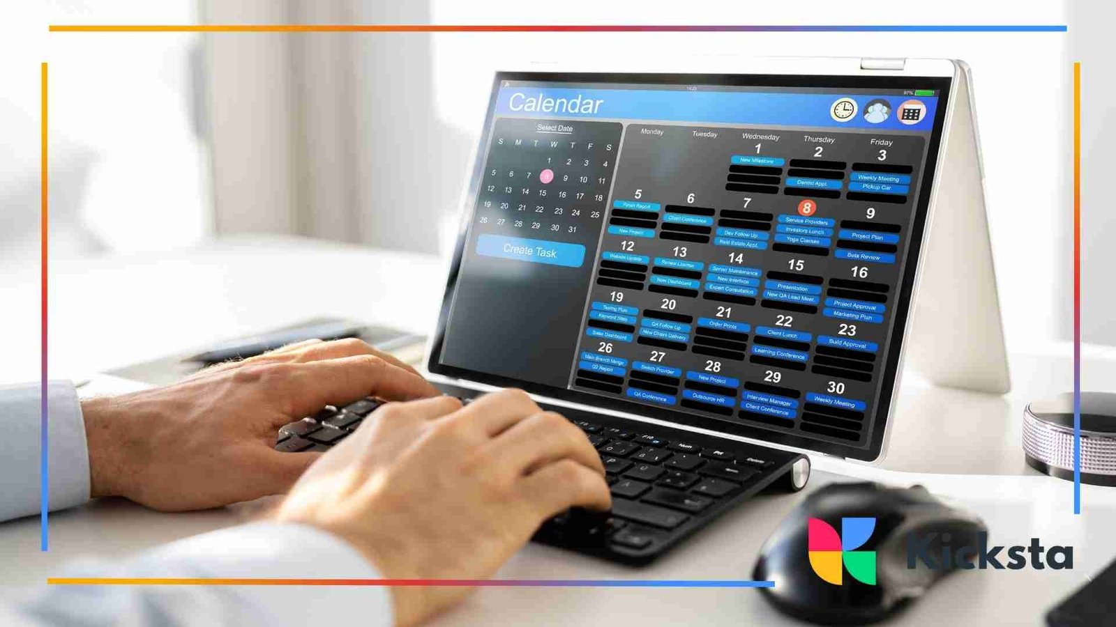 A person typing on a keyboard in front of a laptop displaying a digital calendar filled with scheduled tasks and events.