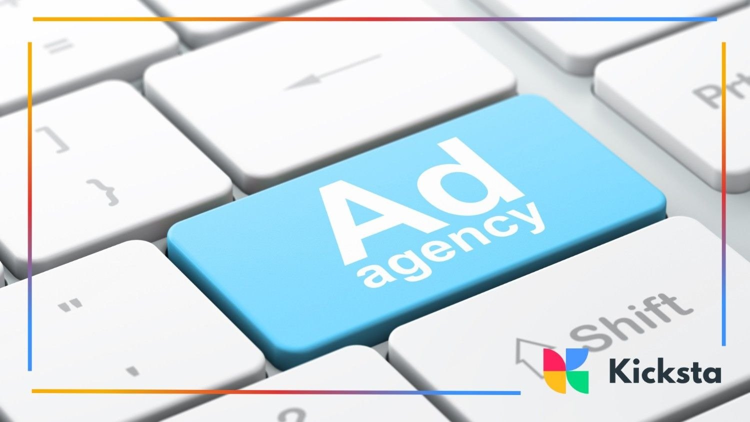 Computer keyboard with a blue "Ad agency" button