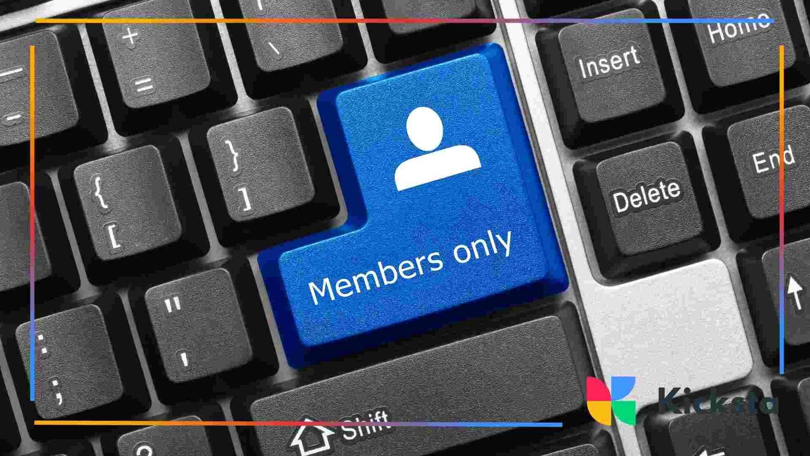 A close-up of a computer keyboard with a large blue “Members only” key beside regular black keys. 