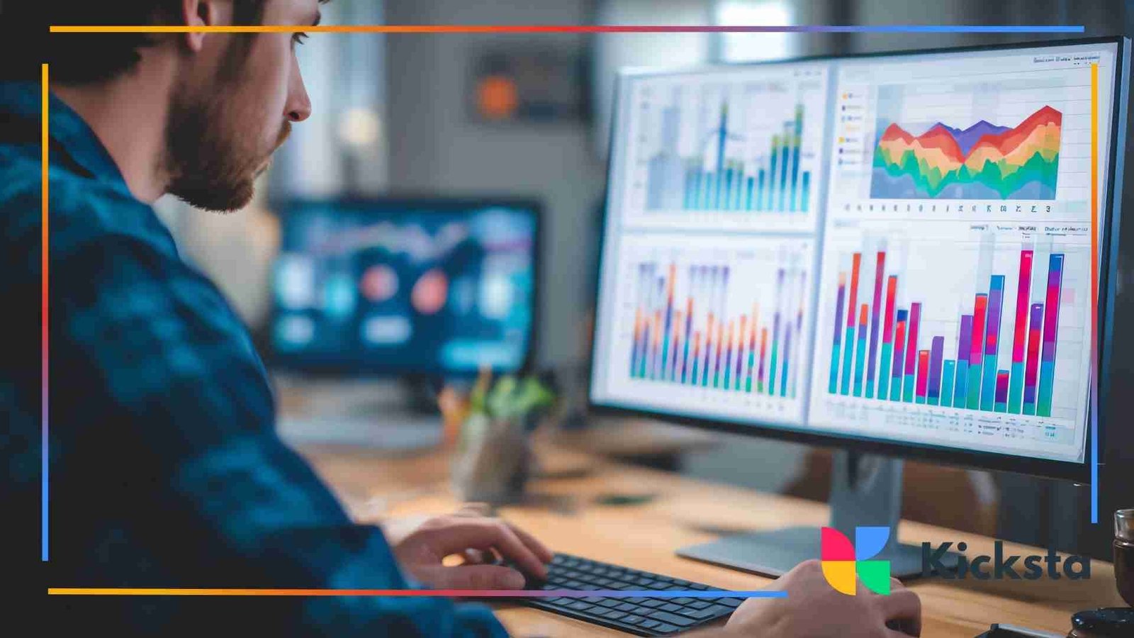 Man working at a desk while analyzing colorful data charts displayed on dual computer monitors.