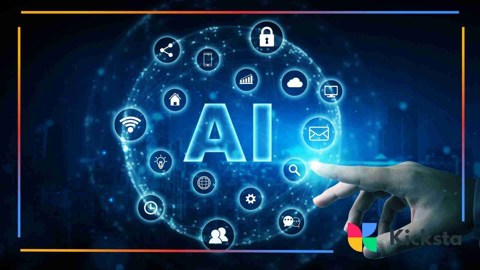 A digital illustration of a glowing AI sphere surrounded by icons representing technology, security, communication, and automation, with a hand reaching toward it.