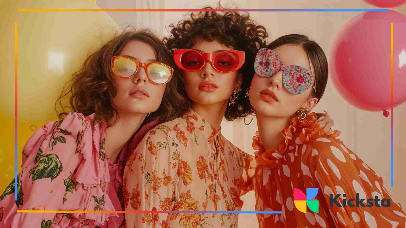 Three stylish women wearing colorful sunglasses and patterned outfits posing together in a fashion photoshoot.
