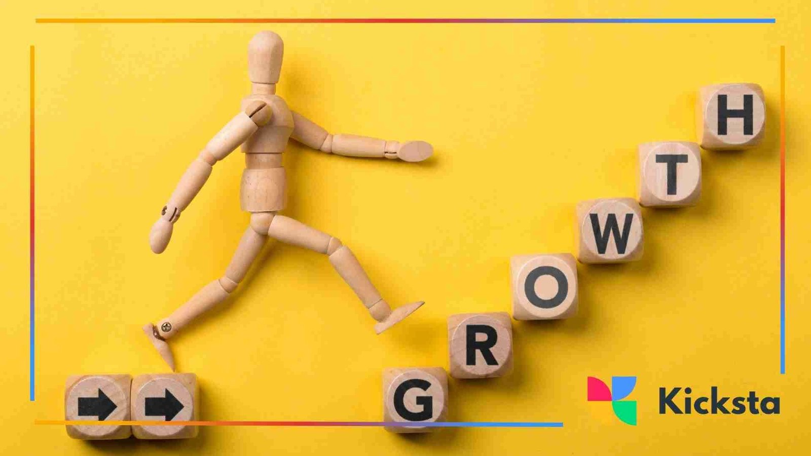 Wooden mannequin stepping upward on wooden blocks arranged like stairs, spelling out the word “GROWTH” on a yellow background.