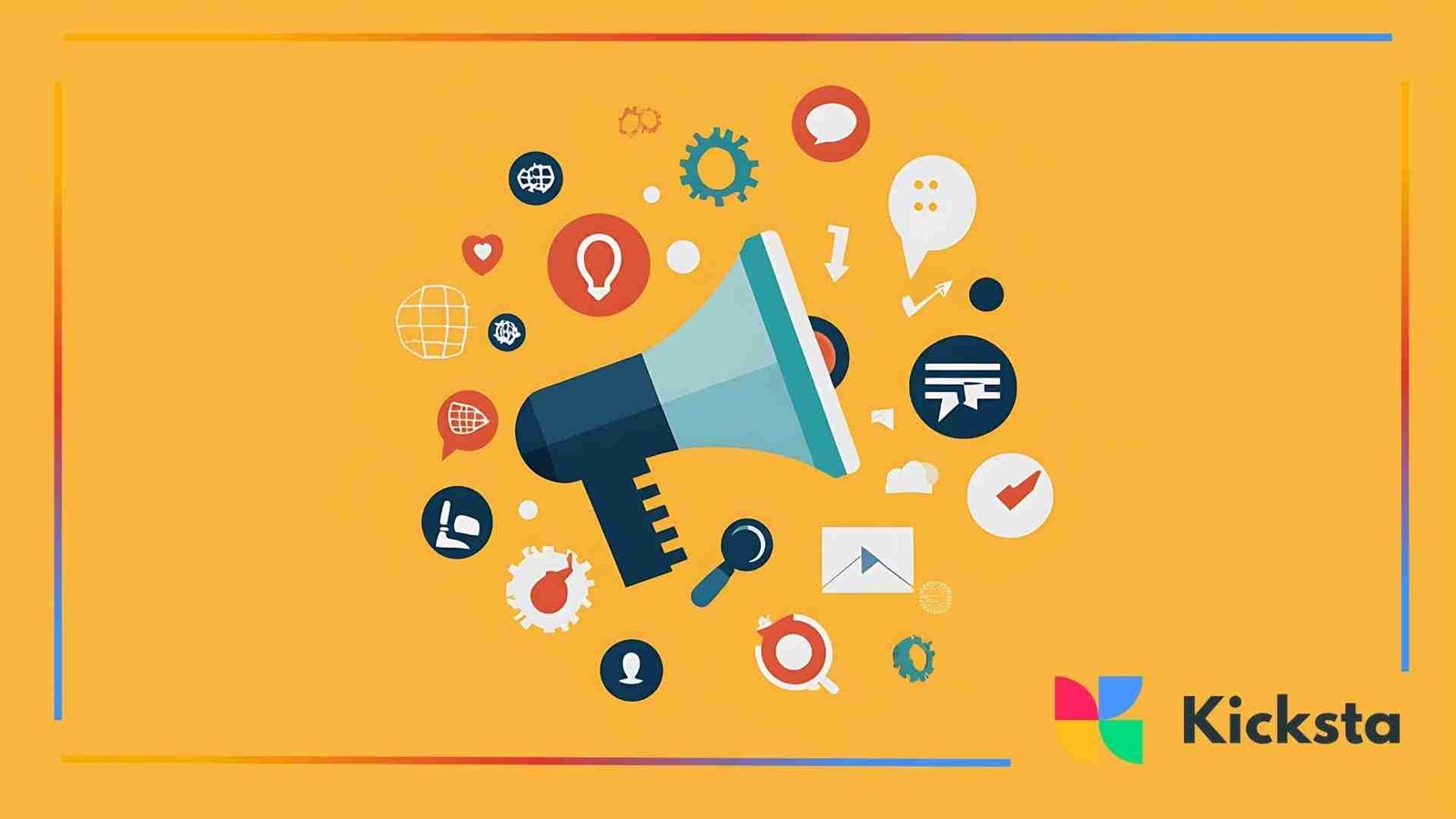 A megaphone surrounded by various colorful digital marketing icons, including gears, message bubbles, search symbols, and globes.