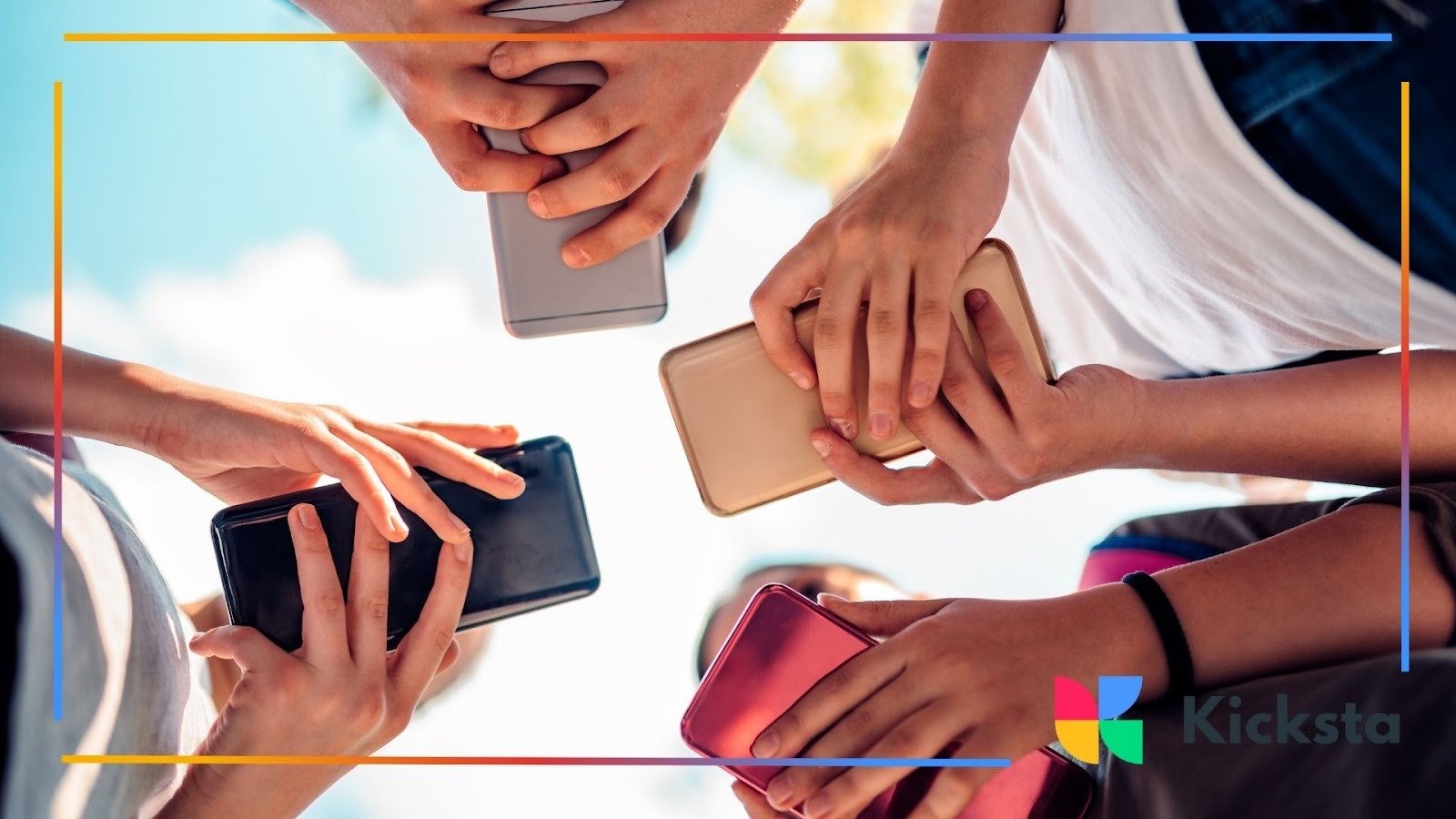 Group of friends holding smartphones together outdoors, symbolizing social media community, mobile connectivity, and digital culture.