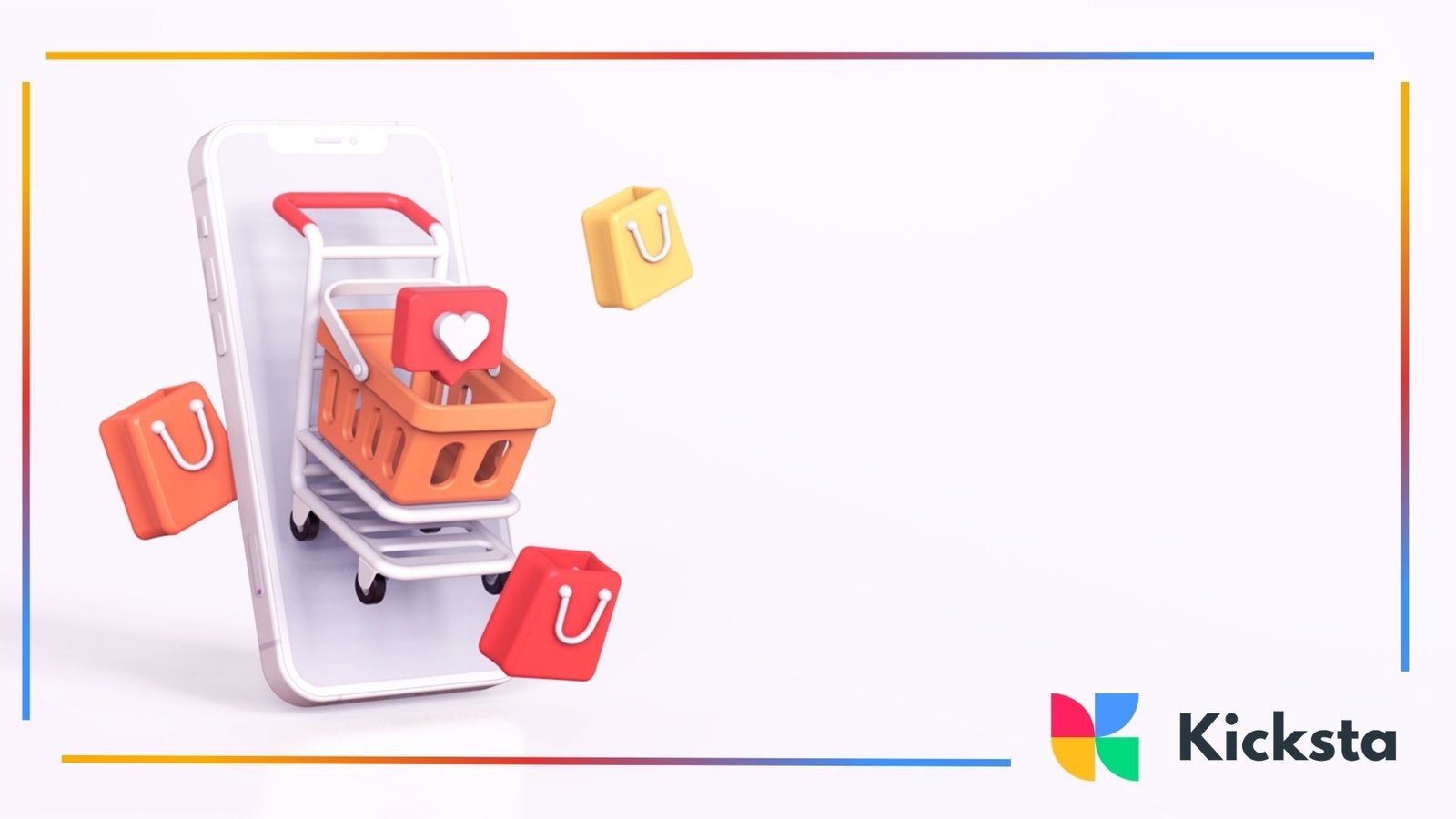 A 3D illustration of a smartphone with a shopping cart emerging from the screen, surrounded by floating shopping bags and a heart icon.