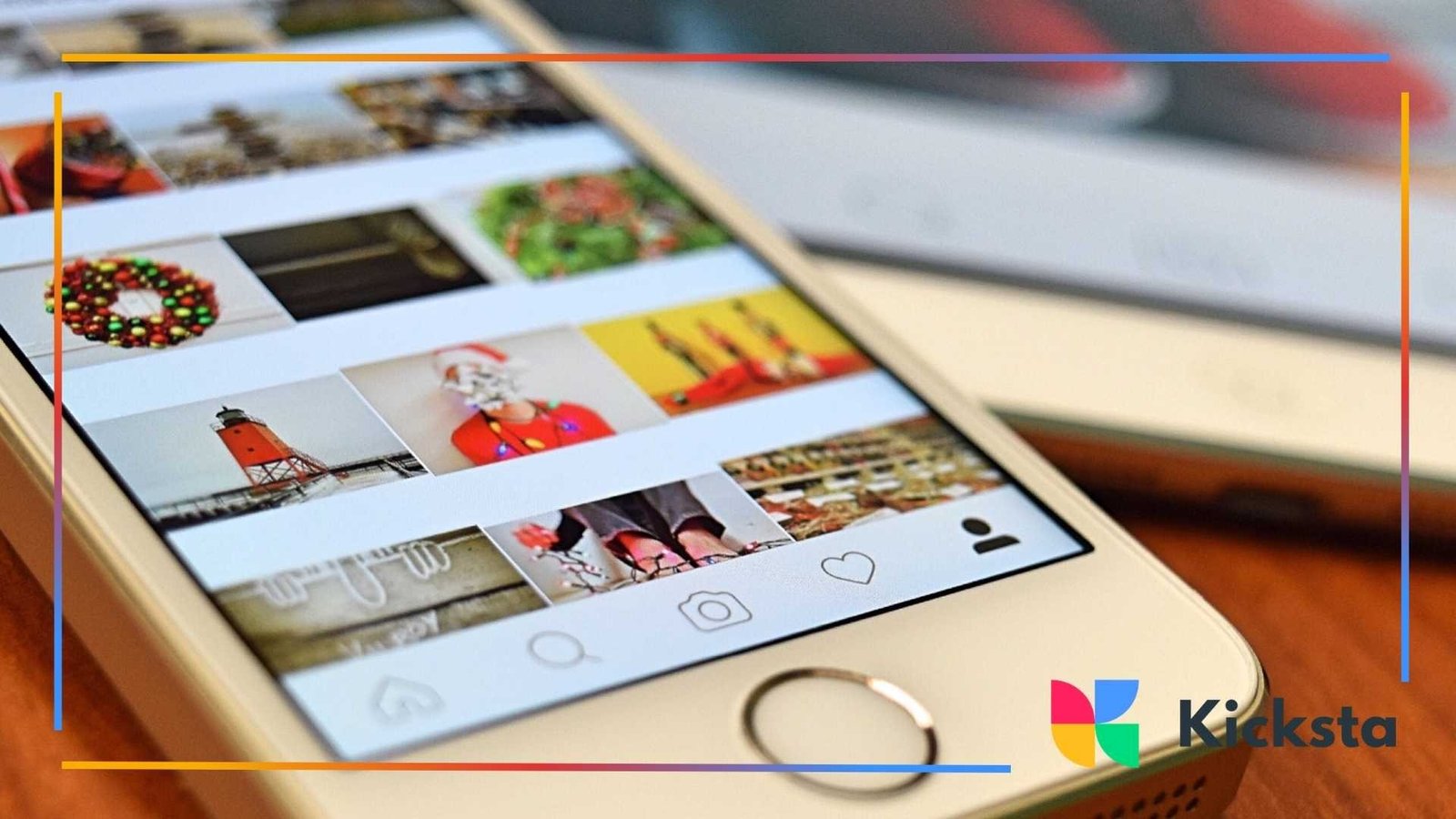 Close-up of a smartphone screen displaying an Instagram grid layout with multiple photo thumbnails.