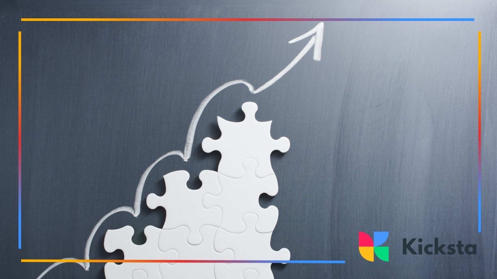 White puzzle pieces stacked upward on a chalkboard background with a hand-drawn arrow showing growth.