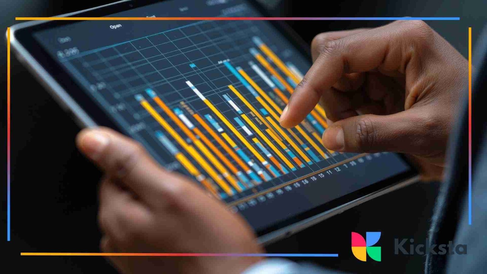 A close-up of hands holding a tablet displaying a colorful bar chart, showing data analysis and digital metrics.