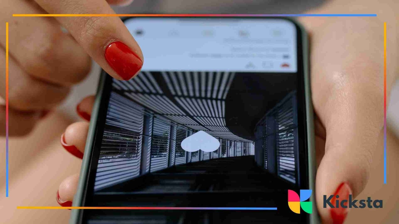 A close-up of a person with red nail polish tapping the like button on a smartphone while viewing a photo of a modern, shadow-lined walkway.