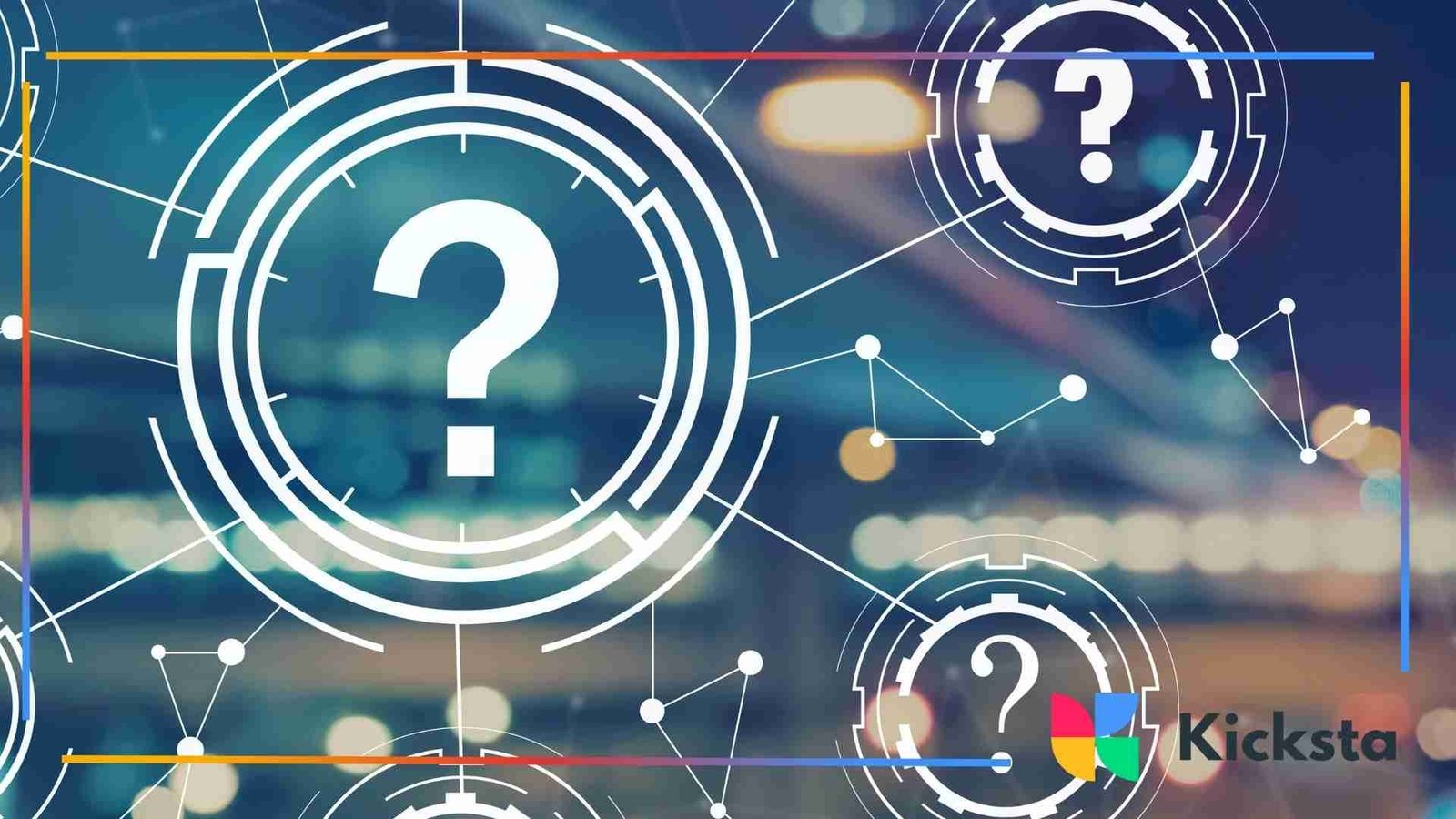 Abstract digital graphic featuring large glowing question mark icons connected by futuristic network lines on a blurred background.