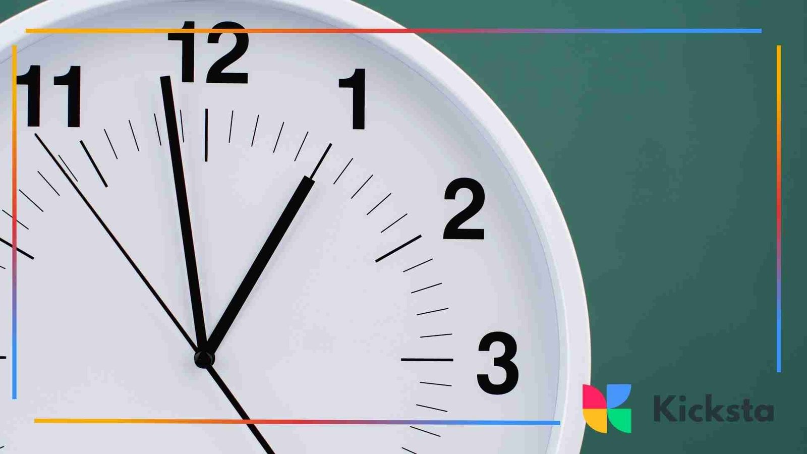 A close-up of a white wall clock showing the time just after 11 o’clock, with black hour markers and hands.