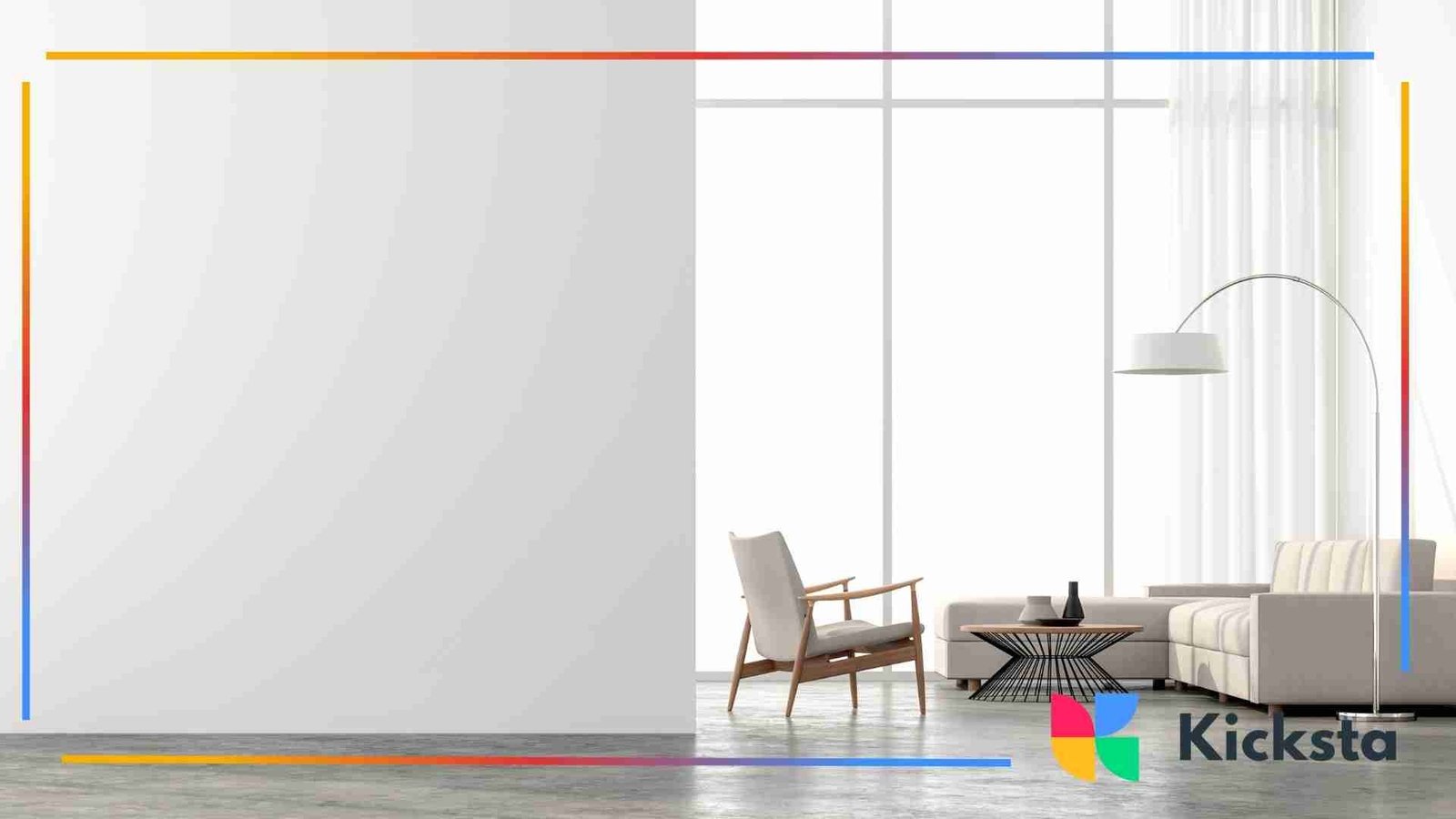Bright modern living room with neutral furniture, large windows, and minimalist interior design.